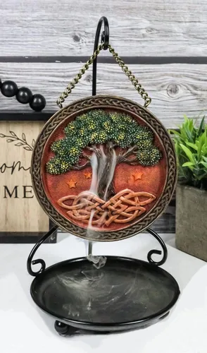 Miniatura 3 de Ebros Gift Nature Spirit Green Celtic Yggdrasil Árbol de la vida con raíces de nudos sagradas Redondo Medallón Disco de reflujo de incienso Soporte