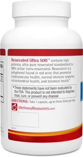 Miniatura 5 de Wellness Resources Resveratrol Ultra 500 - Alta Potencia 98% Trans-Resveratrol 500mg por cápsula (90 cápsulas) - Suplemento de resveratrol bioactivo