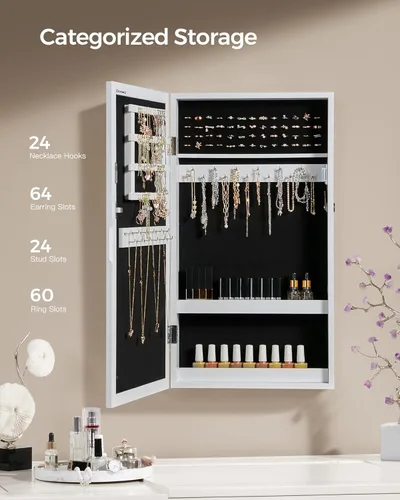 Miniatura 3 de SONGMICS Armario de joyería con cerradura con espejo, organizador de almacenamiento de joyas para ahorrar espacio, blanco UJJC51WT