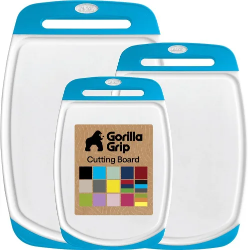 Miniatura 13 de GORILLA GRIP Juego de 3 tablas de cortar de cocina reversibles sin BPA, diseñadas en Estados Unidos, no porosas, ranuras para jugos, borde