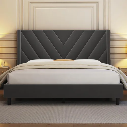 Yaheetech Base de cama tamaño Queen con plataforma tapizada con cabecera con lados en forma de ala/soporte de listones de madera/cabecera tapizada