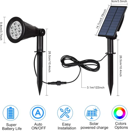 Miniatura 7 de T-SUNUS - Focos solares de paisaje que cambian de color, luces solares impermeables para exteriores, luz de estanque de jardín ajustable de 180°