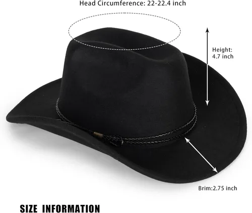 Miniatura 2 de Sombrero de vaquero clásico de fieltro occidental para mujeres y hombres de ala ancha con hebilla de cinturón (tamaño: mediano-grande)