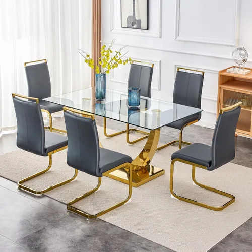 Miniatura 10 de Juego de mesa de comedor de 63 pulgadas para 4, juego de mesa de comedor dorado moderno para 4, juego de mesa de cocina de mármol sintético con negro