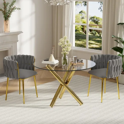Miniatura 34 de Juego de mesa redonda dorada para 4, juego de mesa de comedor de 39'' con tapa de vidrio transparente, juego de mesa de cocina circular moderna de 5