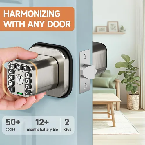 Miniatura 2 de Richelock Pomo de puerta cuadrado con teclado, cerradura de puerta de entrada Keylees con cilindro, bloqueo automático, impermeable y resistente a