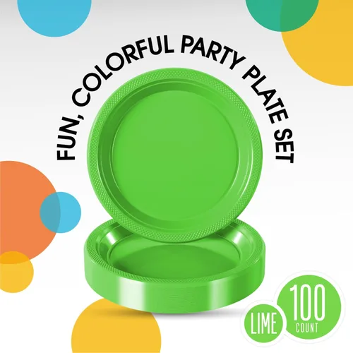 Miniatura 3 de Party Solids Platos de plástico verde lima para fiesta de 7 pulgadas, platos desechables de color verde lima para suministros de fiesta, 100 piezas