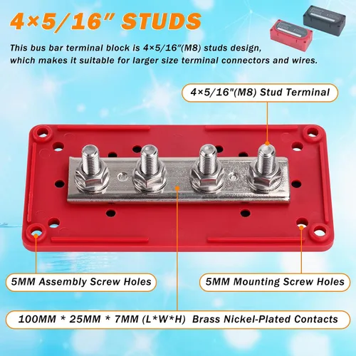 Miniatura 3 de Barra de bus de módulo resistente de 300 A, bloque de distribución de energía de 12 V, 24 V, 48 V CC con 4 pernos de 5/16 pulgadas (M8), regalo 12