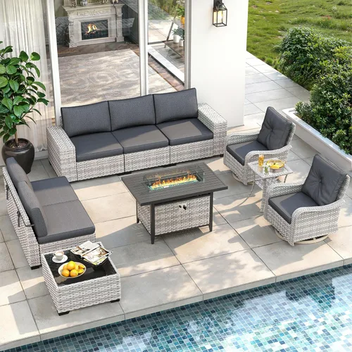 Miniatura 49 de Juego de muebles de mimbre para patio al aire libre de 3 piezas, sillas de patio giratorias mecedoras con respaldo alto con cojines gruesos de 4