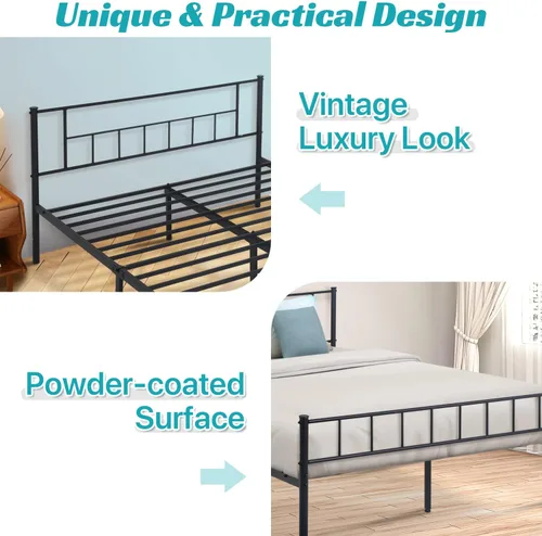 Miniatura 5 de Dkelincs Base de cama tamaño King con cabecero y tabla de pie, marco de cama de plataforma de metal de acero resistente, almacenamiento reservado