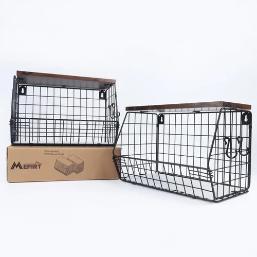Miniatura 9 de Mefirt 2 cestas de frutas para almacenamiento de cocina con tapa de madera, cesta de pared apilable para cocina, organizador de encimera para Marrón