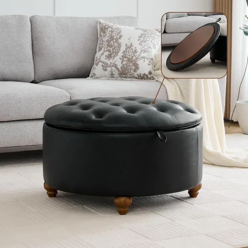 Miniatura 28 de WUTUTUEE Otomana redonda de almacenamiento de 24 pulgadas con bandeja, mesa de café circular tapizada moderna con almacenamiento, otomana tapizada