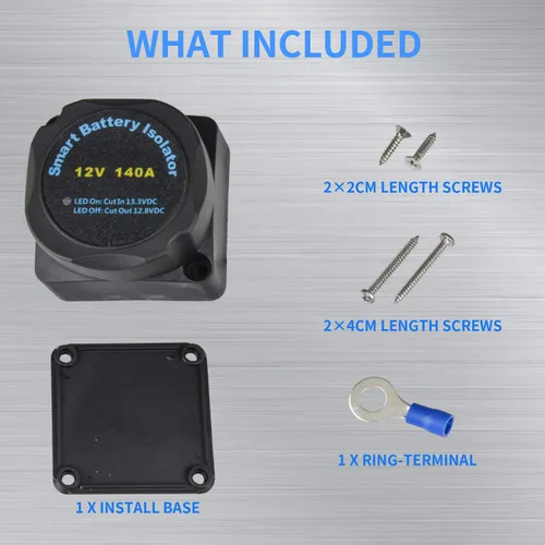 Miniatura 6 de Kit de Aislamiento de Batería Dual MaySpare 12V 140Amp Relé Sensible al Voltaje VSR Cargador Automático de Batería Doble y Kit de Cableado