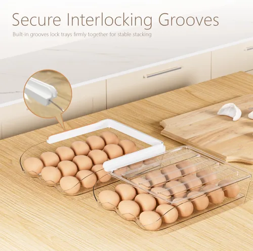 Miniatura 4 de Soporte para huevos para nevera, organizador automático de huevos con ruedas para refrigerador, contenedor apilable transparente para almacenamiento