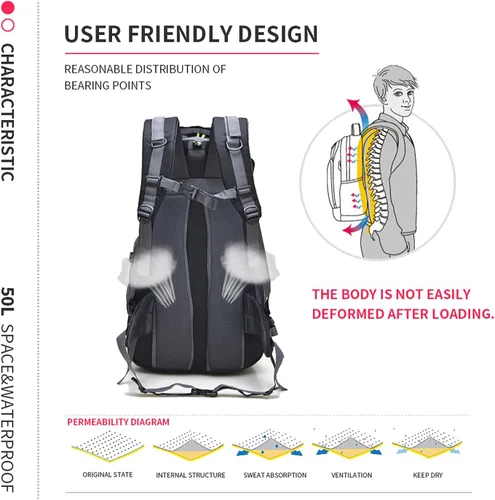Miniatura 7 de Bseash Mochila de senderismo de 50 L, resistente al agua, ligera, mochila deportiva para deportes al aire libre, bolsa de viaje para camping, Azul
