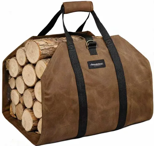 Miniatura 9 de Amagabeli - Bolsa de transporte de leña encerada, bolsa de transporte resistente para chimenea de leña grande con asas para camping, soporte