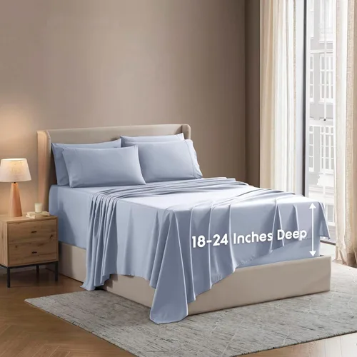 Miniatura 26 de Nestl Juego de sábanas extra profundas tamaño King, sábanas transpirables y refrescantes de 6 piezas, juego de ropa de cama de lujo con bolsillos
