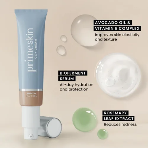 Miniatura 5 de Prime Prometics PrimeSkin CC+ Crema para mujeres maduras, base ligera de líquido a polvo, difumina los poros y cubre las manchas de la edad, sin