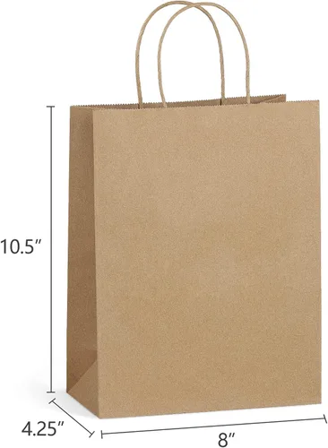Miniatura 2 de Eupako Bolsas de papel de 8 x 4.25 x 10.5 pulgadas, 100 bolsas de regalo de papel kraft marrón con asas a granel para compras, recuerdos de fiesta