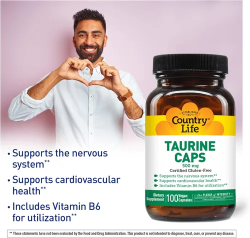 Miniatura 4 de Country Life Tapas de taurina, apoya la salud cardiovascular y el sistema nervioso, 500 mg, 100 cápsulas veganas, certificado sin gluten