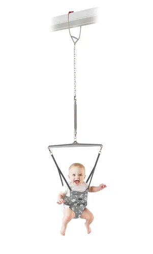 Jolly Jumper Icónico (Gris Safari), Saltador de Puerta para Bebés, Silla de Ejercicio para Interiores, Altura Ajustable, para Bebés de hasta 12.7