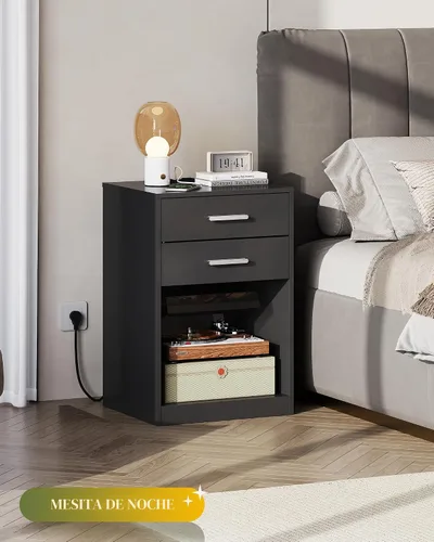 Miniatura 2 de WLIVE Juego de 2 mesitas de noche con estación de carga, juegos de mesa de noche de madera con 2 cajones y estante abierto, mesas auxiliares de cama