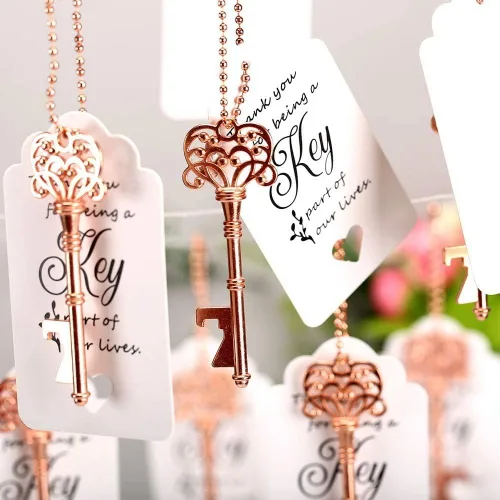 Miniatura 3 de 100 piezas de abrebotellas para recuerdos de boda, abrebotellas con llave de esqueleto vintage, abrebotellas con tarjetas de escolta y llaveros, Oro