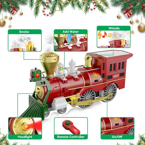 Miniatura 2 de Hot Bee Juego de tren de Navidad con control remoto, juguetes de tren con humo, luces y sonido, juegos de tren de Navidad para alrededor del árbol
