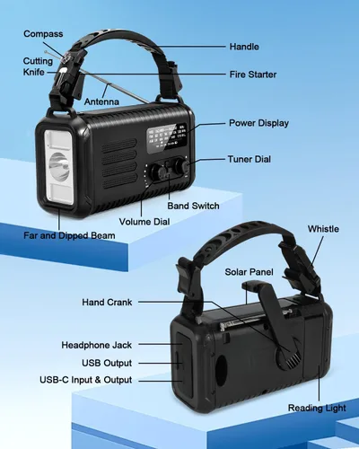 Miniatura 5 de Radio de emergencia de manivela, radio meteorológica de manivela solar de 20000 mAh / 74000 mWh con NOAA/AM/FM, radio alimentada por batería