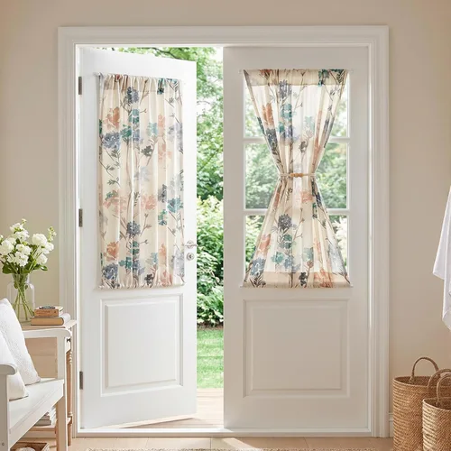 MYSKY HOME Floral Linen French Door Curtains 40 inch Long 2 Panels for Front Door Light Filtering Privacy Semi Sheer Window Curtains with Rod