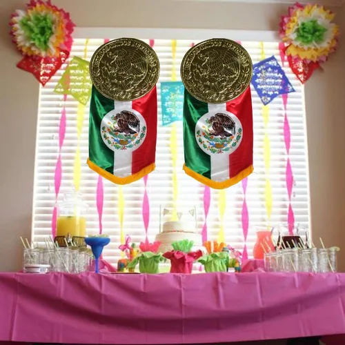 Miniatura 5 de Bandera de Mexcio colgante extragrande con flecos y placa de Estados Unidos Mexicanos en tono dorado, suministros y decoraciones para fiesta