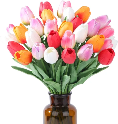 Miniatura 10 de SITUMEIZI 15 piezas de flores blancas artificiales, tulipanes artificiales de poliuretano de 14 pulgadas a granel para el hogar, cocina, Pascua