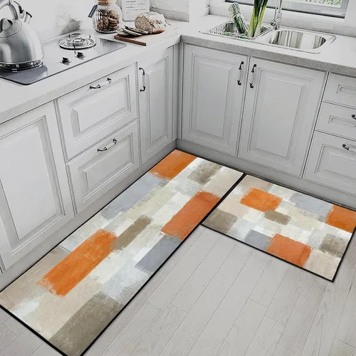 Miniatura 3 de Juego de 2 alfombras y tapetes de cocina abstractos color naranja, antideslizantes, lavables, color beige, contemporáneo, pintura artística