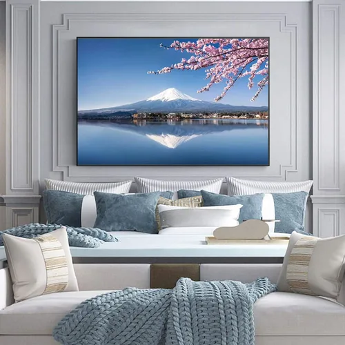 Miniatura 5 de Imagen sobre lienzo, imagen de paisaje de puesta de sol de flores de cerezo del monte Fuji, imagen de arte de pared de lienzo para la decoración