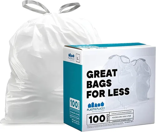 Plasticplace Bolsas de basura de ajuste personalizado, compatibles con Simplehuman Code L (100 unidades) forros de basura con cordón blanco de 4.8