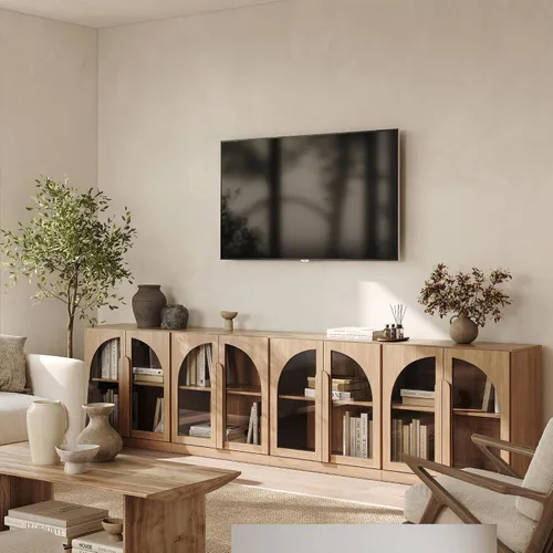 Miniatura 10 de BELLEZE Juego de soporte modular de TV de 4 piezas, centro de entretenimiento moderno con asas anchas de madera, aparadores con estantes ajustables