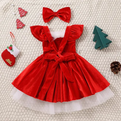 Miniatura 4 de ZIYIXIN Vestido de terciopelo de Navidad para niña pequeña, vestido de tul de princesa roja con sombrero de Papá Noel, trajes lindos para fiesta