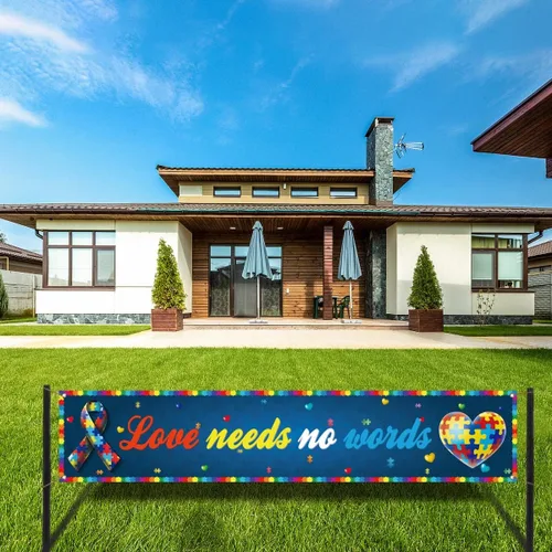Miniatura 3 de Love Needs No Words - Cartel de valla para concientización sobre el autismo, pieza de rompecabezas con forma de corazón, fiesta, cabina de fotos