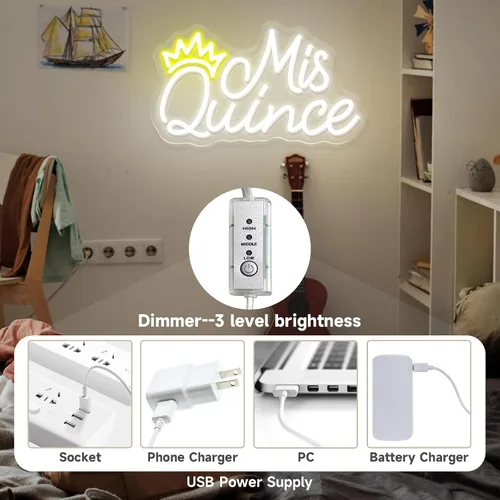Miniatura 6 de Letrero de neón con texto en inglés "Mis Quince" para decoración de pared, dormitorio, estética, fiesta de cumpleaños, novio, novia, amante