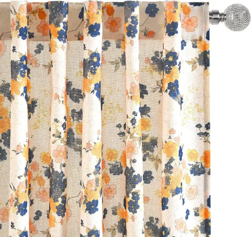 Miniatura 23 de DWCN Cortinas traslúcidas de lino floral, bolsillo para barra y pestaña trasera, cortina de mezcla de lino para dormitorio, sala de estar, cortinas