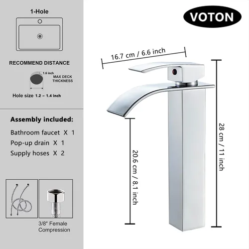 Miniatura 2 de VOTON Grifo de Fregadero de Recipiente Cromado Moderno Alto Cascada Grifo de Lavabo de Baño de Una Sola Manija Grifo de Baño de 1 Orificio Grifo