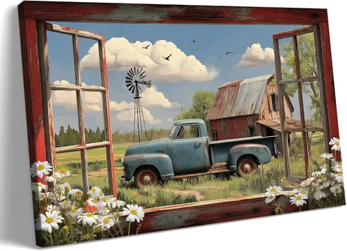 Miniatura 24 de Decoración rústica de granja en lienzo con ventana abierta, impresiones artísticas para pared, pintura de camión viejo, lienzo de granero y bandera