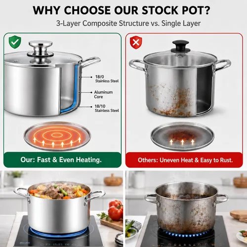 Miniatura 5 de TeamFar Olla de 8 cuartos de galón, olla de cocina de pasta de acero inoxidable de tres capas con tapa de vidrio, para estufas de cerámica de gas