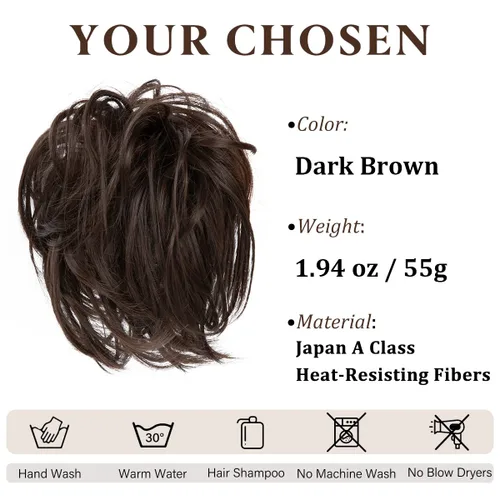 Miniatura 2 de Sarla - 1 pieza de cabello sintético en forma de moño desordenado, con cabello rizado, elástico, y con cola de caballo para mujeres (marrón oscuro)