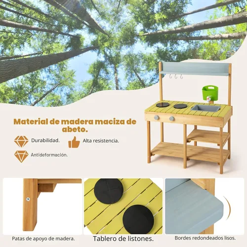 Miniatura 6 de Costzon Cocina de madera para niños, cocina de barro al aire libre con fregadero extraíble, caja de agua y grifo, parte superior de la estufa, Verde