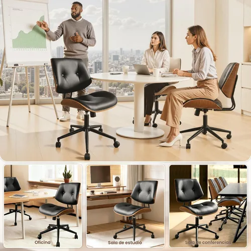 Miniatura 7 de ovios Silla de oficina en casa con ruedas, moderna silla de escritorio giratoria de piel sintética, respaldo medio, altura ajustable, sillas de botón