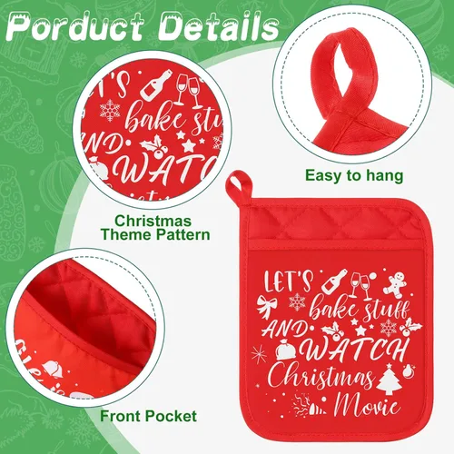 Miniatura 4 de 6 agarraderas de Navidad con bolsillo para cocina, almohadilla caliente, manoplas de horno de granja, bolsa de galletas para regalo de Navidad, verde
