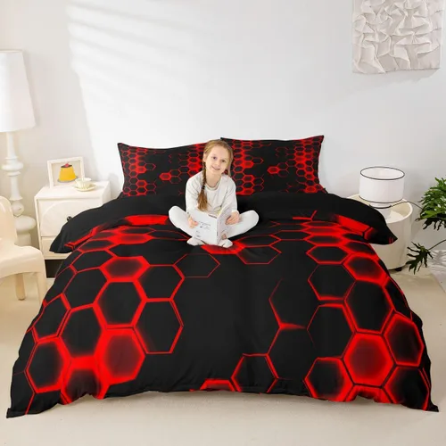 Miniatura 34 de Funda de edredón hexagonal verde estereoscópica de nido de abeja para niños, diseño geométrico de colmena, funda de edredón geométrica de panal
