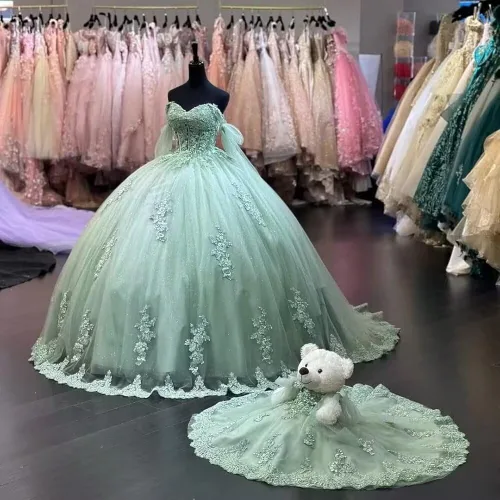 Miniatura 5 de Ftupza Vestidos de quinceañera con hombros descubiertos vestidos de tul hinchados para vestido de 15 años de encaje apliques vestido de fiesta Ftu01