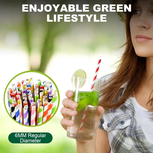 Miniatura 5 de Pajitas de papel desechables envueltas individualmente de 7.75 x 0.24 pulgadas, rayas coloridas [400 unidades] - biodegradables ecológicos